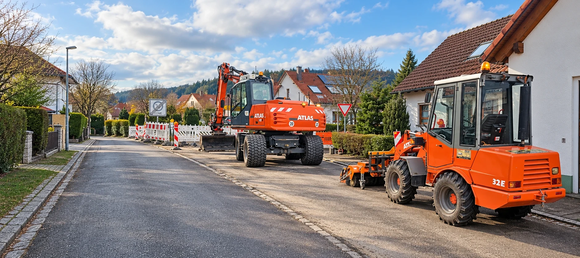 Straßenbaustelle mit orangefarbenen Baumaschinen