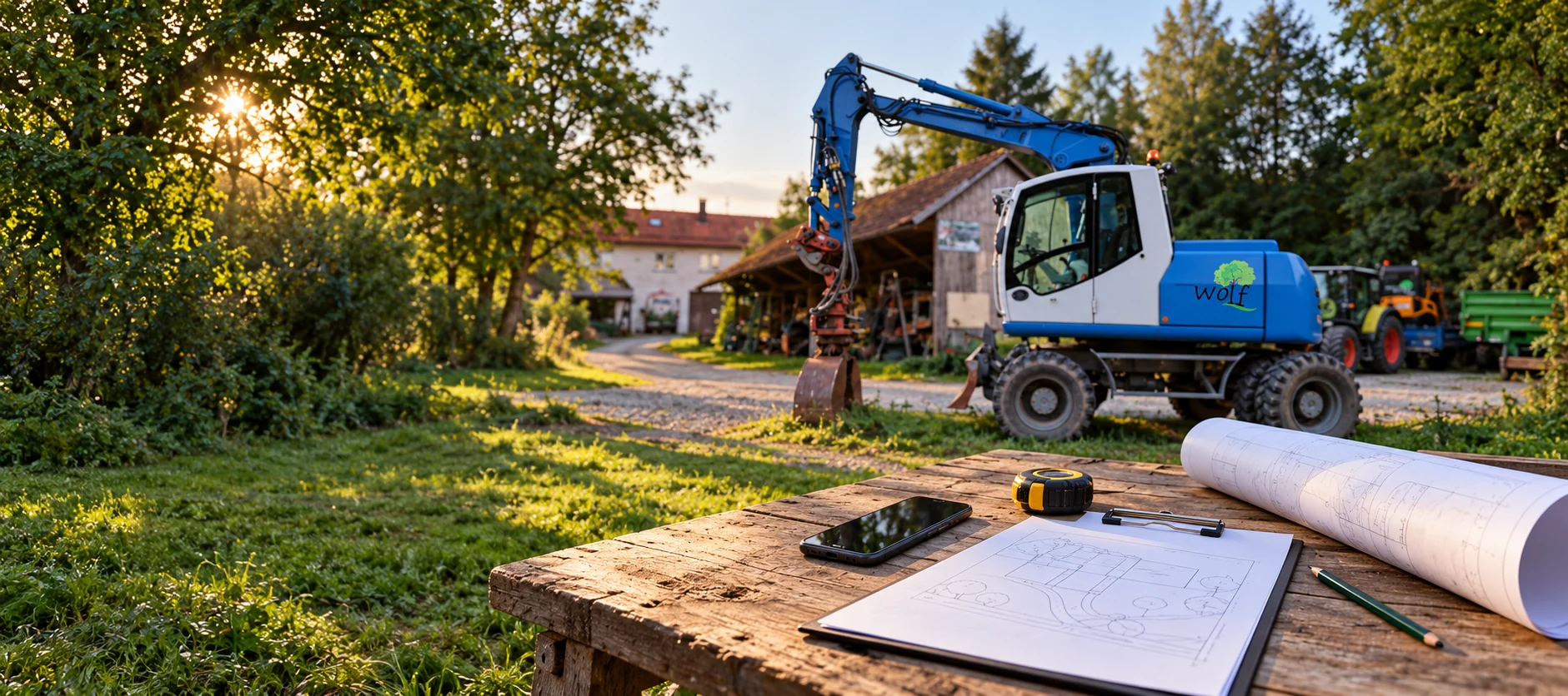 Projektplanung mit Bauplan und Telefon vor einem blauen WOLF-Mobilbagger
