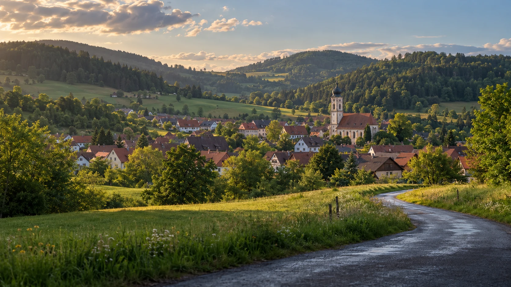 KI-gestaltetes Panorama einer Ortschaft in den bewaldeten Hügeln Baden-Württembergs
